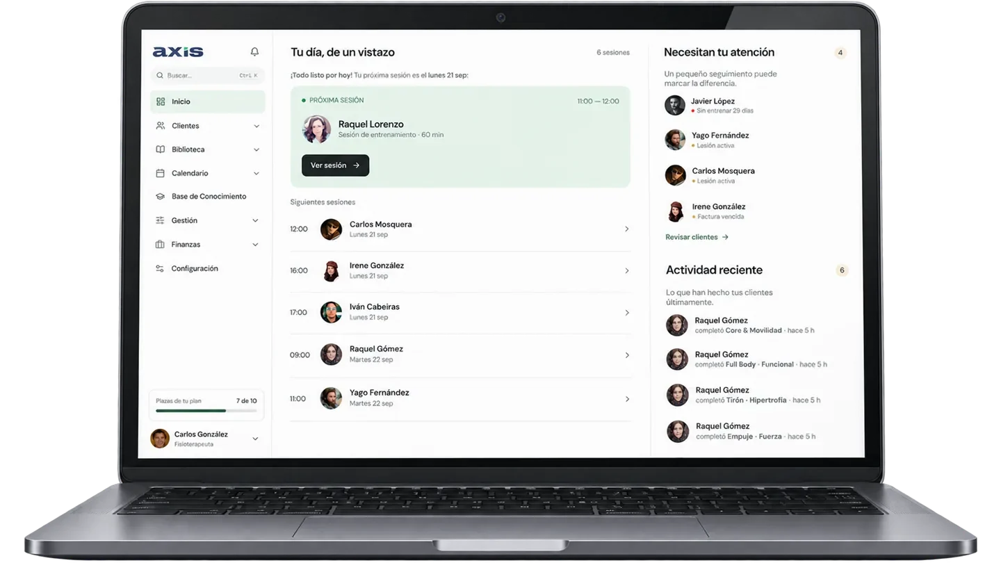 Panel de control de Axis en un portátil: la agenda del día y el seguimiento de clientes