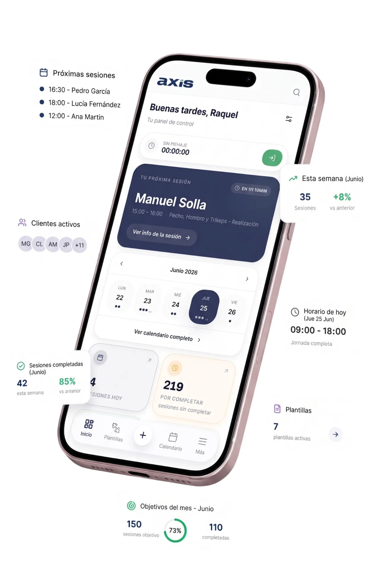 Vista de la app Axis en móvil mostrando el panel de control del entrenador